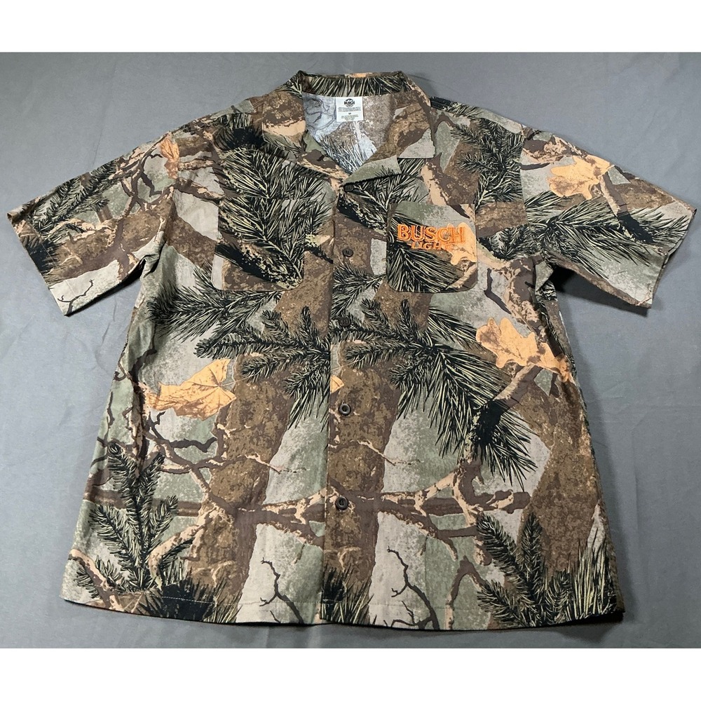 Busch Light Camo Shirt Mens Medium Deer Graphic Hunting Beer Camp Button Up